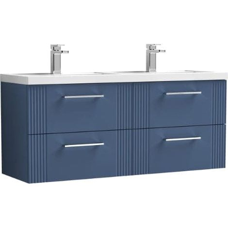 Nuie Deco Satin Blue 1200mm Wall Hung 4 Drawer Vanity Unit and Double Polymarble Basins - DPF393C (1/4)