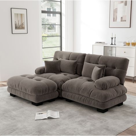 Sofá de esquina modular de chenilla marrón 220x145x81 cm con otomanas – MEUBLIV (1/5)