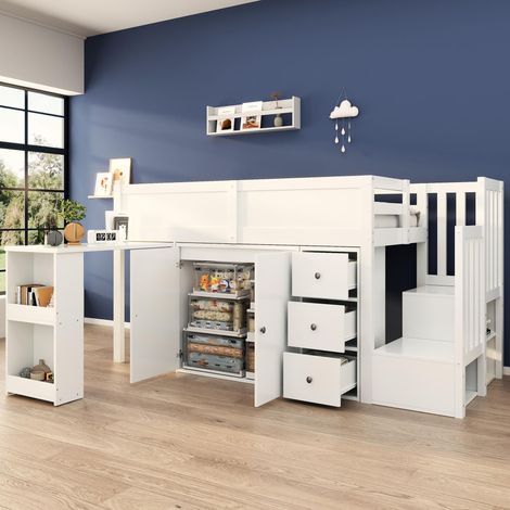 Lit mezzanine enfant avec bureau, 90x200 cm, Lit combiné multifonctionnel avec armoire et escalier de rangement, Blanc