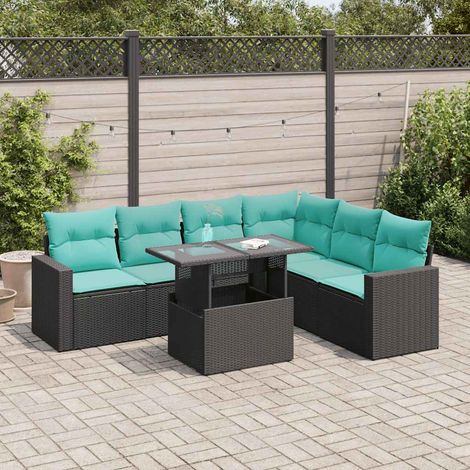 vidaXL Set Divani Giardino 7 pz con Cuscini Nero Polyrattan Acacia (1/5)