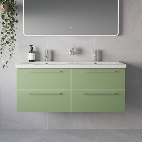 Napoli 390 Olive Green 1200mm Wall Mounted 4 Drawer Vanity Unit with Double Glide Basins - 1200mm - Chrome 320mm Handle