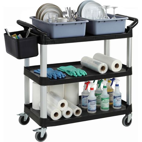 Carrello per pulizie nero con ruote – 3 ripiani – 2 contenitori e secchio laterale sospeso – capacità di carico 100 kg