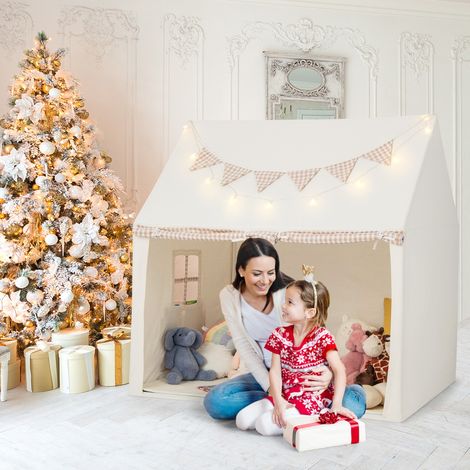 Tente Maison de Jeu Tapis Rembourré 2 Fenêtres 2 Poches de Rangement Lumières Étoiles Bannière de Fanions Tente pour Enfants de 3-8 Ans Beige (1/2)