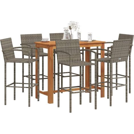 Mesa y taburetes de jardín 7 pzas madera acacia ratán PE gris