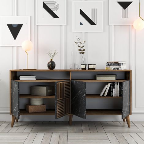 Credenza Thuile, Madia 2 Ripiani, 4 Ante, 6 Vani, 160x35x78h cm Nero Marmo (1/5)