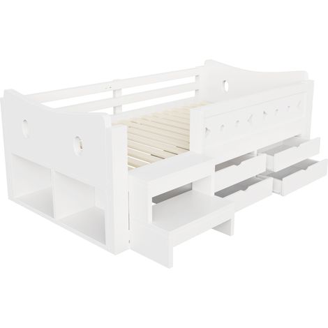 Kinderbett 90 x 200 cm Weiß mit Stauraum, Schubladen, Schutzgitter und LED (1/5)