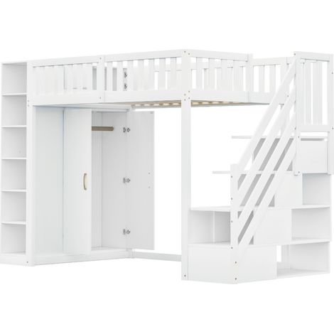 Cama alta multifuncional 90 x 200 cm con armario, estantes y escalera de almacenaje, blanco (1/5)