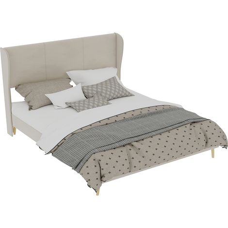 Lit rembourré moderne minimaliste avec tête de lit moelleuse, 160x200 cm, beige, meuble de chambre multifonctionnel, base basse sans rangement (sans vérin à gaz), matelas non inclus. (1/5)