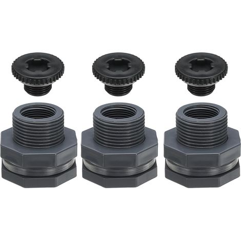 Raccord de Cloison en PVC avec Bouchon G 3/4, 3 Pièces Raccord de Cloison Fileté Double avec Joint d'Étanchéité en PVC pour Seau de Pluie, Éviers, Gris (1/5)