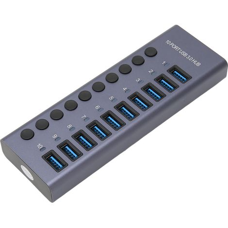 Hub USB 3.0 10 ports 60 W avec interrupteurs individuels, voyants LED, boîtier en alliage d'aluminium, station d'accueil USB 3.0, adaptateur secteur 60 W 12 V 5 A, prise UE 100-240 V