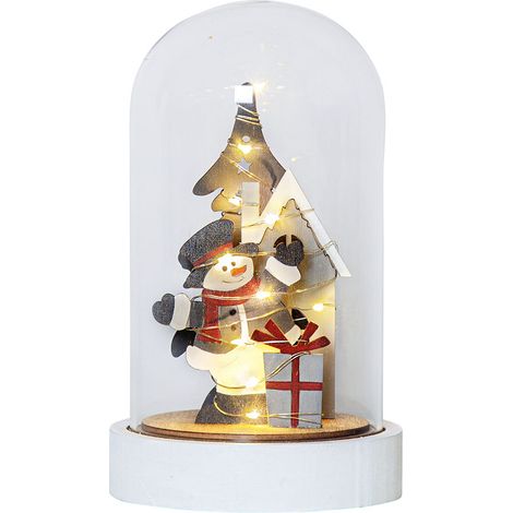Décoration de Noël LED Star Trading 'Billy' avec dôme en verre, bonhomme de neige en bois, 10 LED, piles + minuteur, H 20 cm