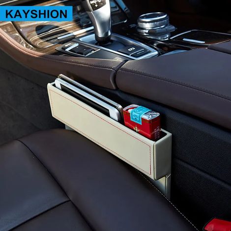 Boîte de rangement en cuir beige pour siège auto, multi-usage, avec poche de transport et support pour téléphone. (1/4)