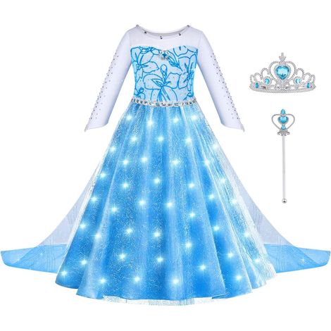 LED Lumineux Robe Princesse Fille Deguisement, Robe de Princesse Enfant, Robe avec Baguette et Couronne Filles Princesse Costume Habillage pour Noël Halloween Anniversaire Fête Cosplay