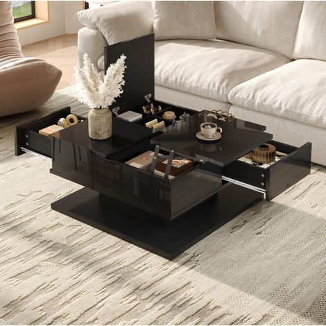 Table basse 72/72/35 cm noire brillante avec plateau relevable, LED et tiroirs (1/5)