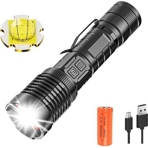 Lampe Torche LED XHP99 20000 Lumens Super Lumineuse Tactique - 5 Modes Zoom - Rechargeable USB - pour Camping, Randonnée, Urgences Extérieur