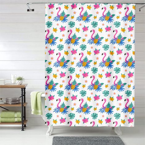Rideau de douche flamant rose style aquarelle, polyester imperméable, 90x180 cm (1/5)