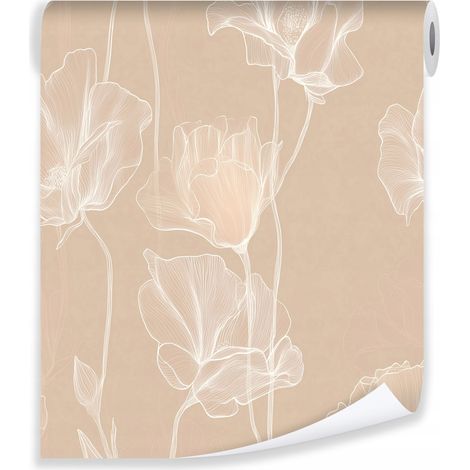 Papier peint fleurs lineart beige art on fleece wall living room bedroom (1/3)