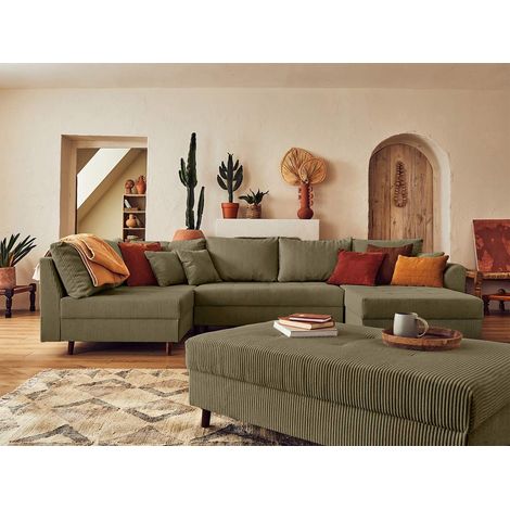 Rune – wohnlandschaft links – 7-sitzer – mit hocker – aus cord - grün