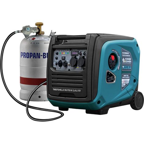 LPG/Benzin-Inverter-Generator KS 4000iEG S von Könner & Söhnen. Schallgedämmtes Gehäuse (66 dB Lpa 7m).  Höchstleistung 4000 W, 2хSchuko 230 V, 2 USB-Anschlüsse, LED-Anzeige, einfacher Elektrostart, E