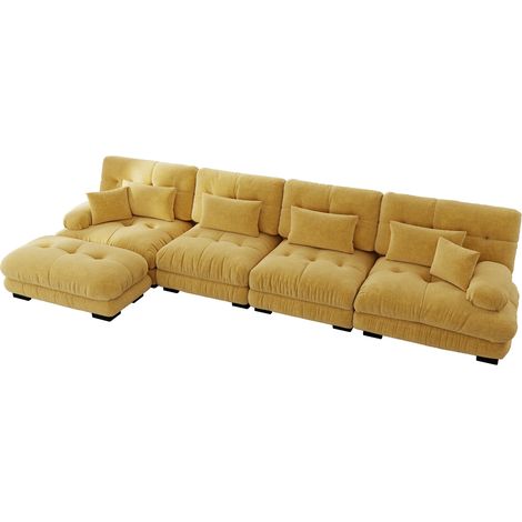 Canapé d'angle modulaire 4 places en tissu chenille vintage jaune avec ottoman mobile (1/5)