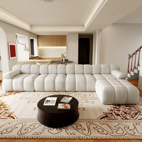 Canapé d’angle en L 5 places 400x200x68 cm sans structure, sans montage, mousse haute résilience, assise profonde, tissu chenille blanc (1/5)
