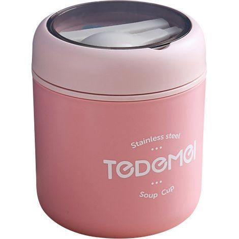 Thermoskanne für warme Speisen, isolierte Lebensmittelbehälter, Edelstahl-Thermoskanne mit Klapplöffel für warme Mahlzeiten, Suppen zum Mitnehmen (rosa) (1/5)