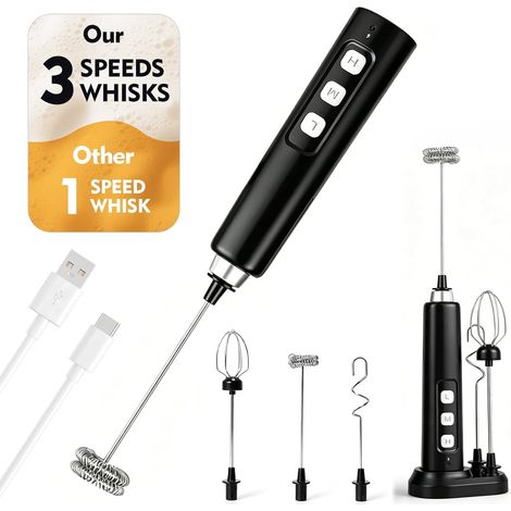 Mousseur a Lait Électrique avec 3 Embouts, Touilleur Électrique USB-C Rechargeable, 3 Vitesses Portable Mélangeur Électrique Acier Inox pour Café, Latte, Matcha, Choco Chaud, Crème, Œufs (1/5)