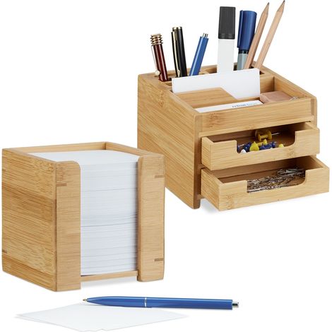 juego de escritorio de 2 piezas, organizador con portalápices y cajones, caja de notas con papeles, bambú (1/5)