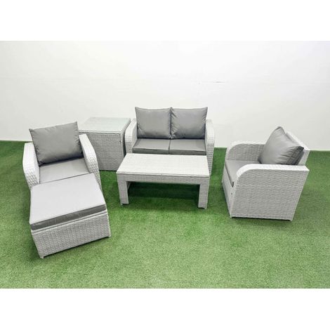 Fimous Light Grey PE Wicker Rattan Garden Furniture Set Sofa Set Reclining Adjustable Chair Oblong Coffee Table 5 Seater With Footstool Side Table (1/4)
