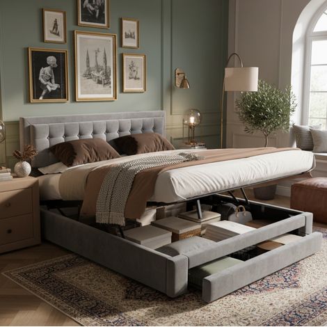 Cama tapizada de terciopelo gris 180x200 cm con almacenaje integrado, cajones y somier de láminas (1/5)