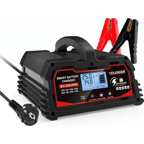 25A 12V/24V 12A/10A/5A Smart Battery Charger, LCD Car Charger, Battery Maintainer for AGM, Motorcycle, LiFePO4 - Black