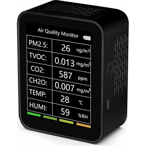 Green Mobility-Portable home office indoor desktop CO2 detector 6 in 1 détecteur de qualité de l'air avec batterie lithium intégrée, without WiFi Black (1/5)