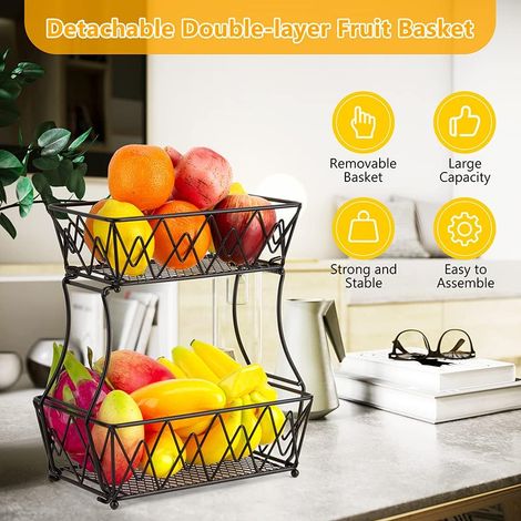Obstkorb Etagere 2 Etagen, Schwarz Eisen Obstschale, Modern Fruit Bowl für Brot, Gemüse- Abnehmbarer Obst Aufbewahrung