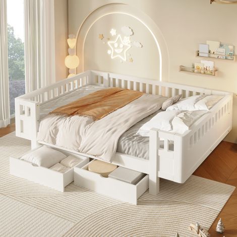 Cama infantil 140/200 cm blanca con barandillas altas y 2 cajones, de madera maciza