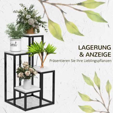 Étagère de plantes 4 étagères, intérieur et extérieur, cadre métallique, 34 cm (L) x 34 cm (P) x 70 cm (H), noir et blanc