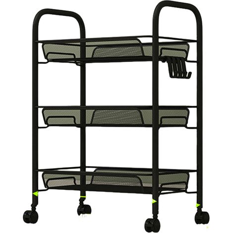Desserte À roulettes, Chariot de Rangement 3 Niveaux, Métal Antirouille, Panier en Maille Respirante, Idéal pour Cuisine & Salle De Bain, Noir (1/5)