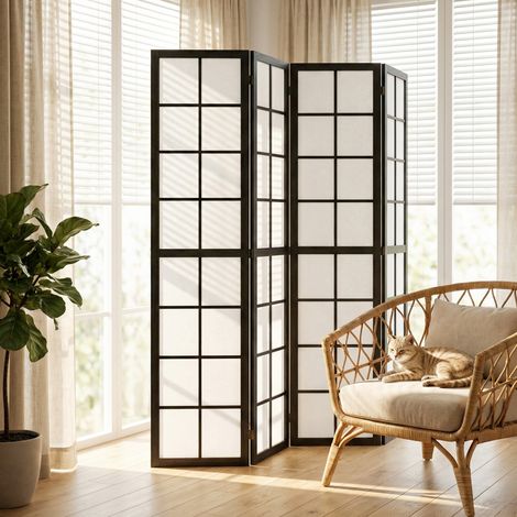 Paravent intérieur pliable 4 panneaux 160x170 cm, séparateur pièce salon noir. Paravent noir pour une décoration moderne et design, sobre et élégant. (1/5)