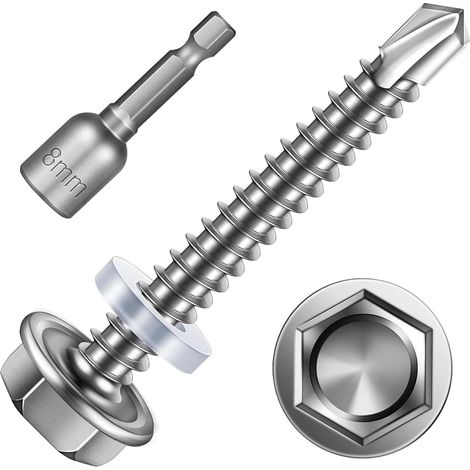 Lot de 25 vis auto-taraudeuses 4,8 x 38 mm à tête hexagonale en acier inoxydable Vis à tôle trapézoïdale avec rondelle d'étanchéité et clé à douille hexagonale (1/5)