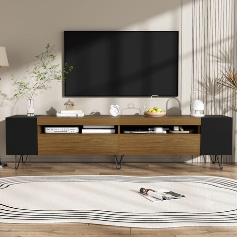 Mobile TV 180 cm, rettangolare, con 2 porte, 4 mensole di stoccaggio, effetto legno, stile Scandinavo, mobile da soggiorno in legno - Nero