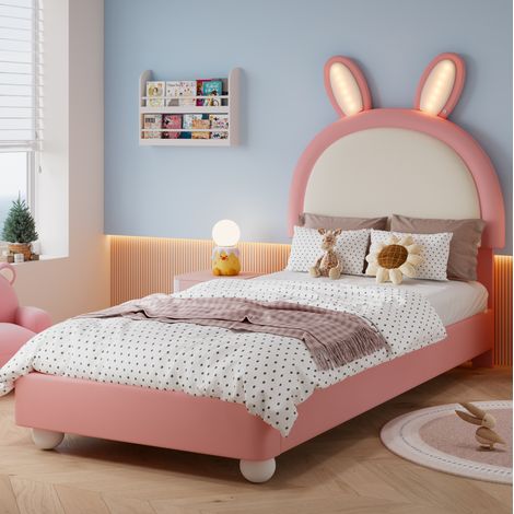 Lit rembourré enfant 90x200 cm rose avec tête de lit lapin et LED (1/5)