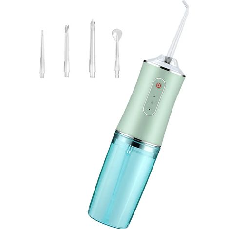 Tragbares Wasserflossgerät Oral Irrigator mit 3 Modi, 4 austauschbaren Düsen, wiederaufladbarer wasserdichter Zahnreiniger für Zuhause und unterwegs - 300 ml herausnehmbares Waschbecken, Grün (1/5)