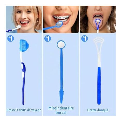 Kit de Soins Orthodontiques Kit Nettoyage Orthodontique Portable Brosse Dentaire Gratte Langue Brosse Interdentaire Cire Dentaire Kit de Voyage Orthodontique Bleu (1/3)