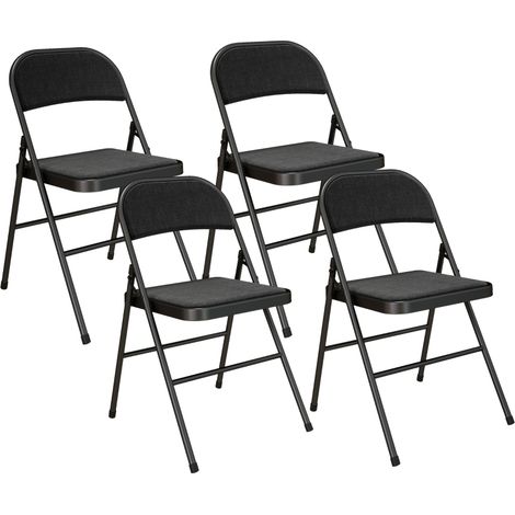 Chaises pliantes de bureau portables aspect lin noires - Lot de 4 - Coussin - Pieds en acier