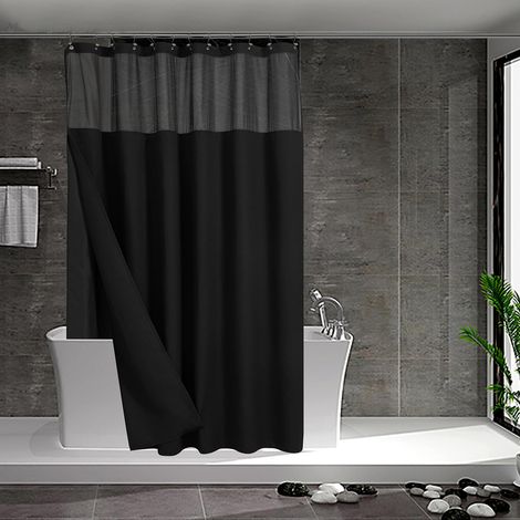 Rideau de Douche à Tissage gaufré avec Doublure en Tissu à Clipser et Ensemble de Crochets – Style hôtelier, Hydrofuge et Lavable, fenêtre supérieure en Maille, 180 x 183 cm, Noir (1/5)