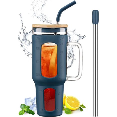 Gobelet 1,4 L avec Poignée, Couvercle Bambou & Pailles bleu foncé