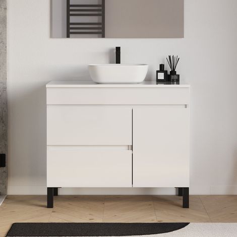 Meuble de salle de bain 90cm avec plateau et vasque à poser arrondie - porte et tiroirs - sans miroir - blanc brillant - LAZARO (1/5)