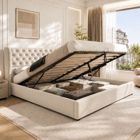 Cama tapizada, con forma de oreja, en terciopelo, con grandes costuras abotonadas, cama doble de 180 x 200 cm, cama hidráulica funcional con somier de láminas y espacio de almacenamiento. (1/5)
