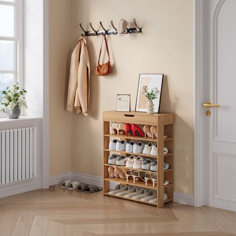 Scarpiera Boppeelo Scaffale a 5 Ripiani e Cassetto 94 x 75 x 30 cm - Effetto Rovere Sonoma [en.casa]