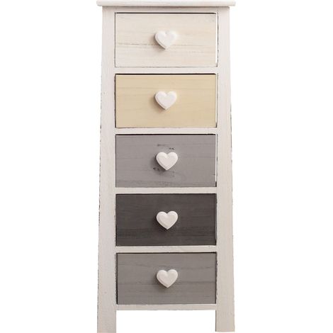 Mobili Rebecca – Commode 5 tiroirs en bois de paulownia – Dimensions H 89 cm x L 37 cm x P 27 cm – Couleurs blanc, beige, gris – Design vintage (1/5)