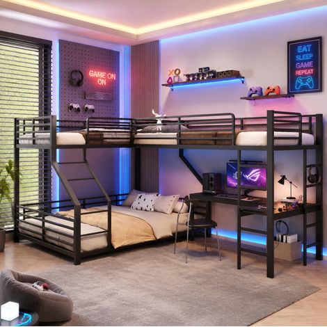 Letto a castello triplo 90x200 cm + 140x200 cm con scrivania, presa USB Type-C, struttura in metallo nero (1/5)
